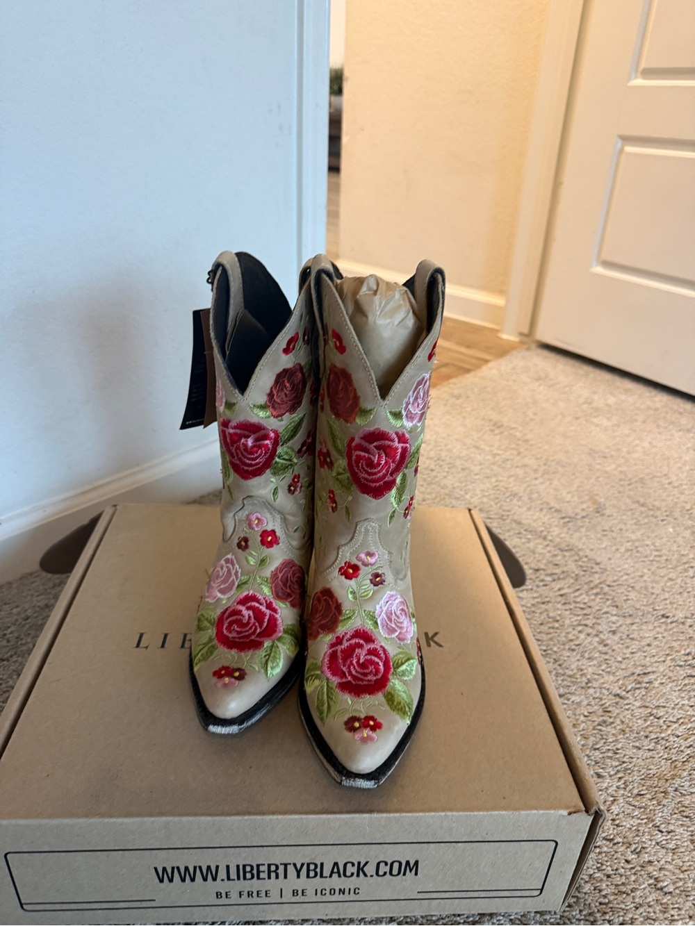 LIBERTY Black Cream Embroidered Rose Western Boots - Red & Pink